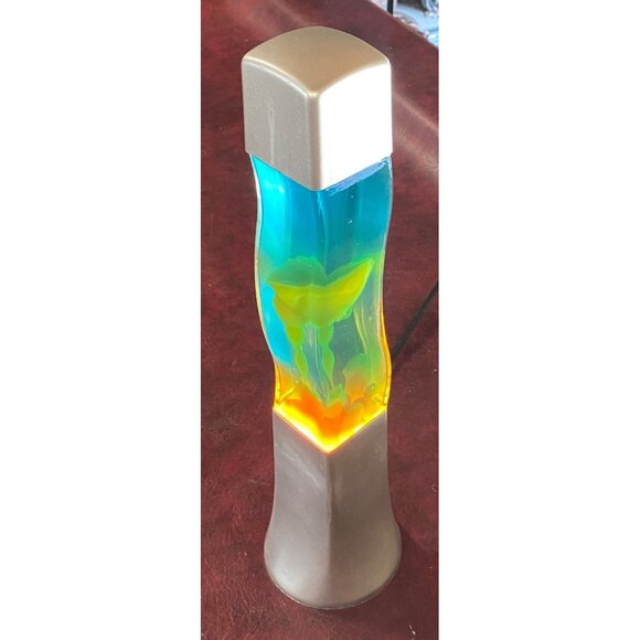 Vintage Lava Lamp Blue Green Yellow Teal Silver Base & Cap Sleek Wave Design - Picture 1 of 12